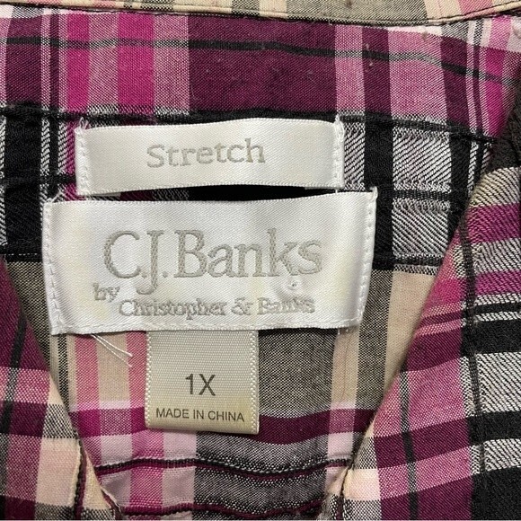 C.J. Banks Christopher & Banks Pink Black Tan Plaid Button Down Size 1X - Picture 7 of 9